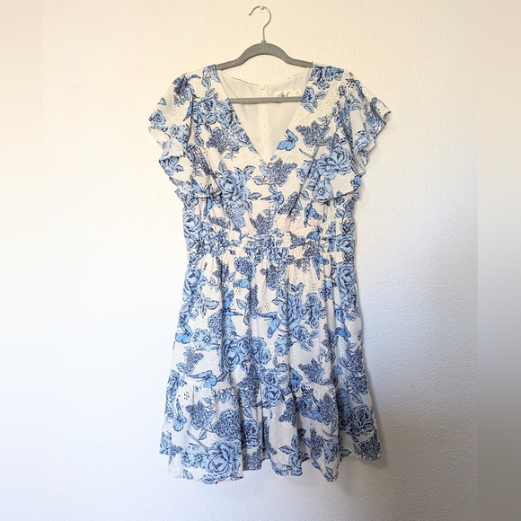 Eliza J Floral Flutter Sleeve Fit & Flare Cotton Dress Blue Size 16 Eyelet - Picture 3 of 9